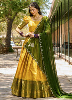 Lorenvalley Mustard Kanjivaram Silk Zari Weaving Lehenga Choli with Dupatta