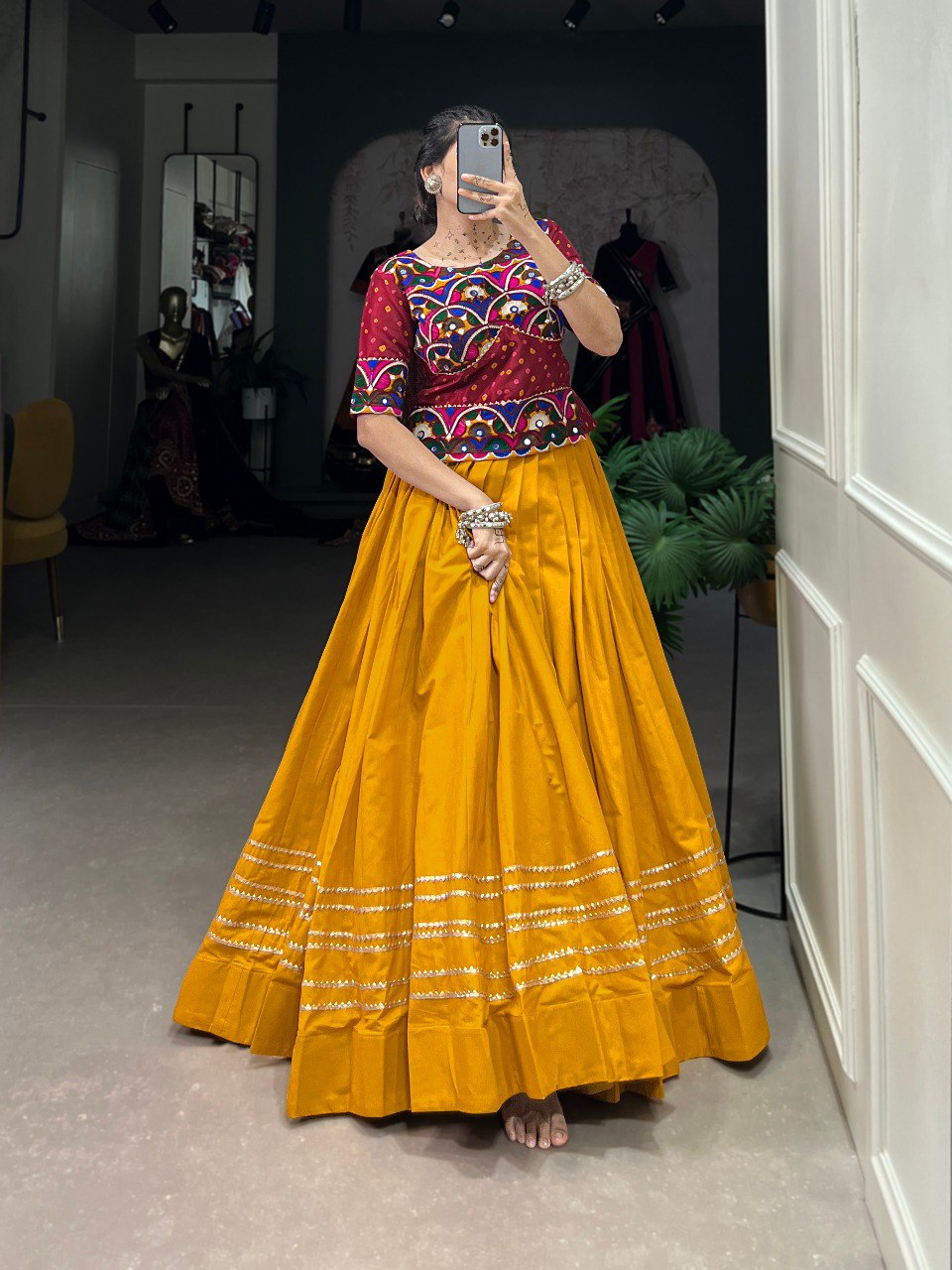 Lorenvalley Pure Cotton Mustard Plain With Gota Patti Touch Up Lehenga Choli