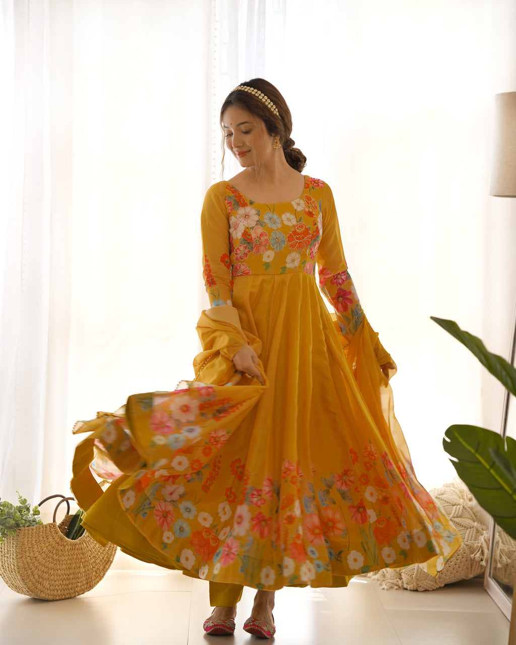 Lorenvalley Parrot Soft Organza Silk With Floral Print Fully Flared Anarkali Pant With Dupatta Set - Mustard