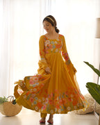 Lorenvalley Parrot Soft Organza Silk With Floral Print Fully Flared Anarkali Pant With Dupatta Set - Mustard