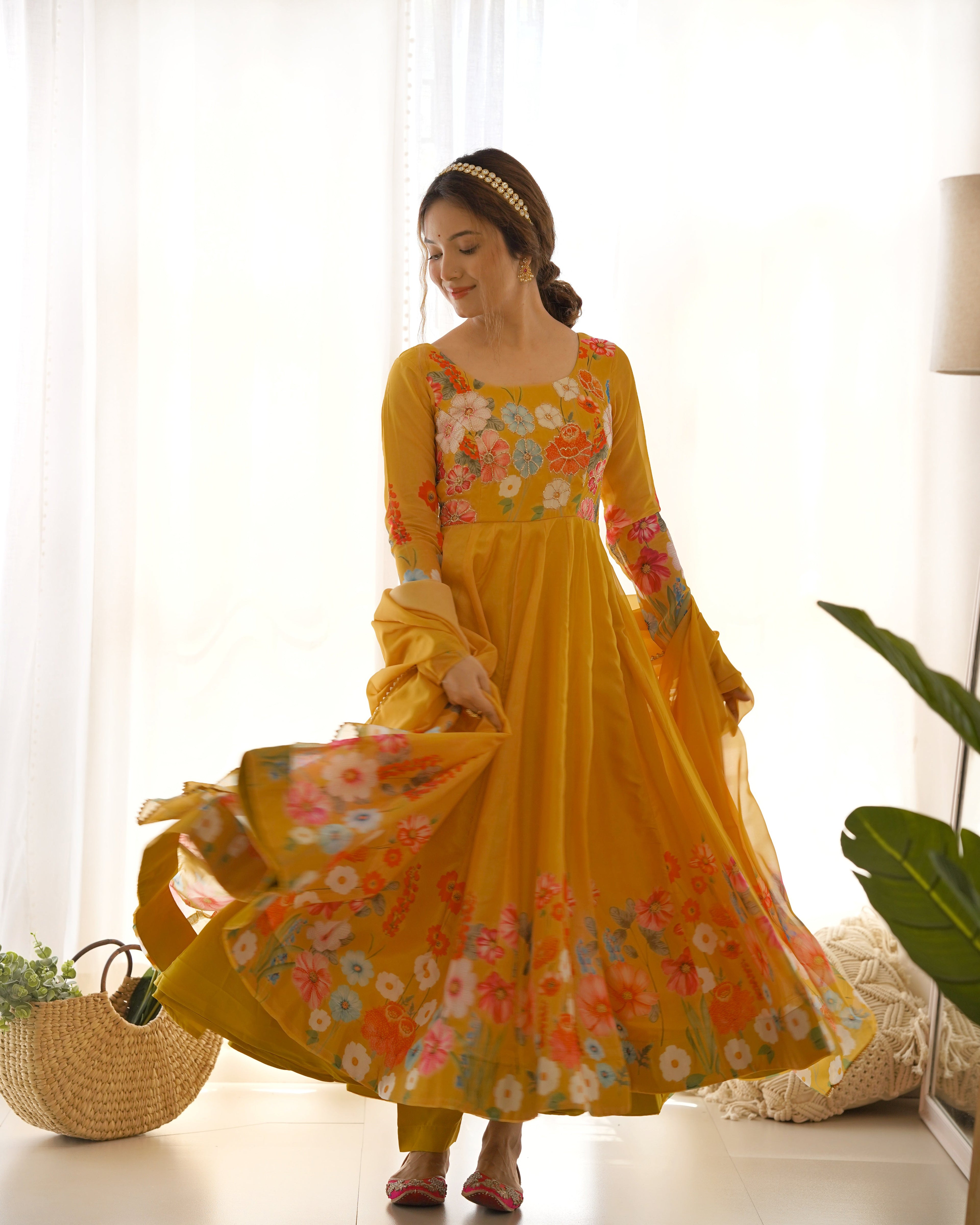 Lorenvalley Parrot Soft Organza Silk With Floral Print Fully Flared Anarkali Pant With Dupatta Set - Mustard
