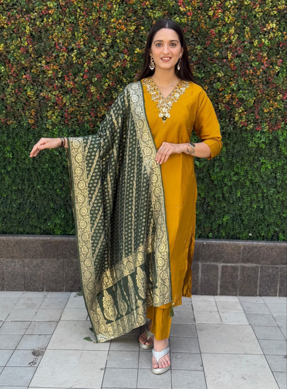 Lorenvalley Fashion Mustard Roman Silk Hand Work Kurta Pant with Dupatta - Distacart