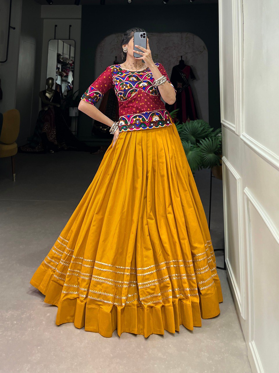 Lorenvalley Mustard Pure Cotton Plain With Gota Patti Touch Up Lehenga Choli