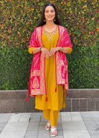 Lorenvalley Fashion Mustard Roman Silk Hand Work Kurta Pant with Dupatta - Distacart