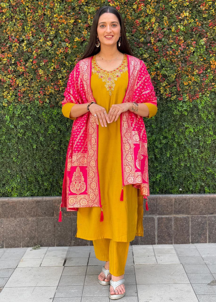 Lorenvalley Fashion Mustard Roman Silk Hand Work Kurta Pant with Dupatta - Distacart