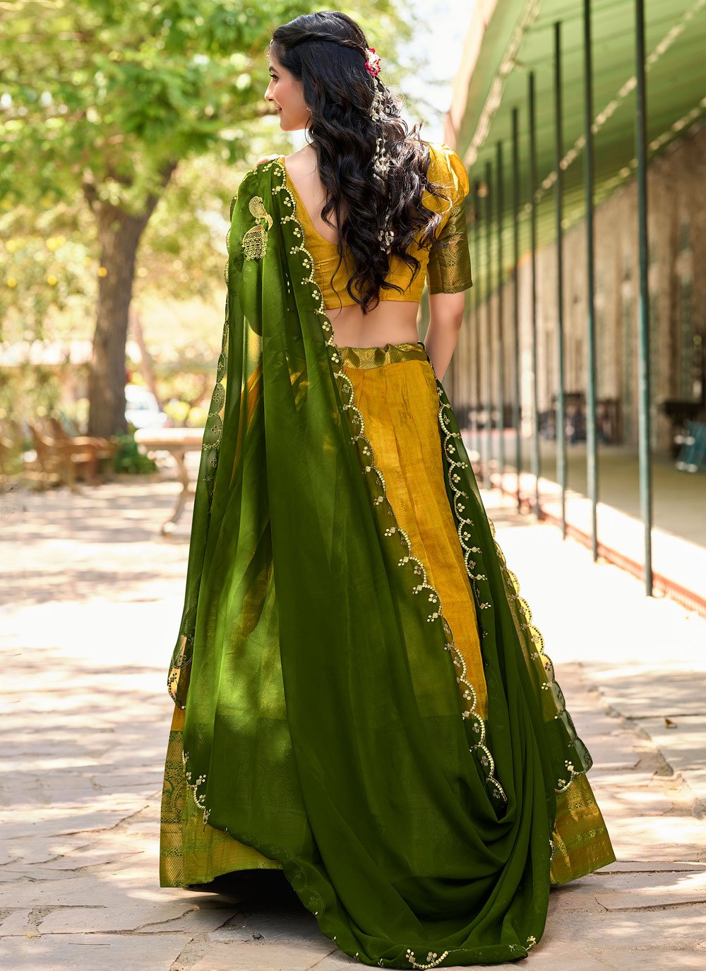 Lorenvalley Mustard Kanjivaram Silk Zari Weaving Lehenga Choli with Dupatta
