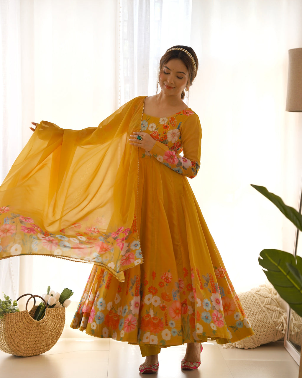 Lorenvalley Parrot Soft Organza Silk With Floral Print Fully Flared Anarkali Pant With Dupatta Set - Mustard