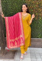 Lorenvalley Fashion Mustard Roman Silk Hand Work Kurta Pant with Dupatta - Distacart