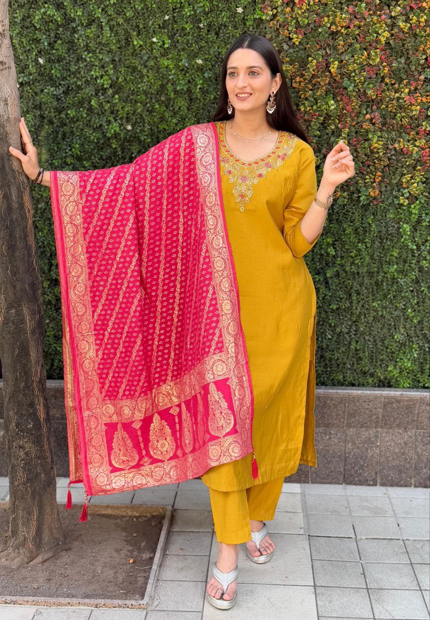 Lorenvalley Fashion Mustard Roman Silk Hand Work Kurta Pant with Dupatta - Distacart