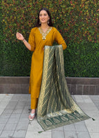 Lorenvalley Fashion Mustard Roman Silk Hand Work Kurta Pant with Dupatta - Distacart
