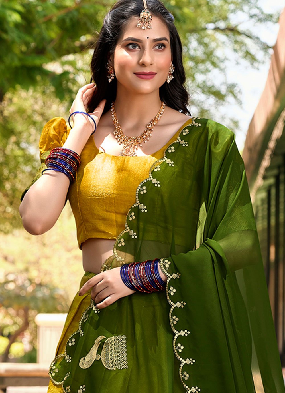 Lorenvalley Mustard Kanjivaram Silk Zari Weaving Lehenga Choli with Dupatta