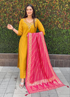 Lorenvalley Fashion Mustard Roman Silk Hand Work Kurta Pant with Dupatta - Distacart