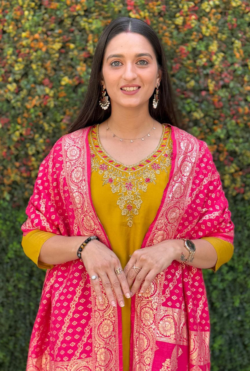 Lorenvalley Fashion Mustard Roman Silk Hand Work Kurta Pant with Dupatta - Distacart