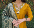 Lorenvalley Fashion Mustard Roman Silk Hand Work Kurta Pant with Dupatta - Distacart