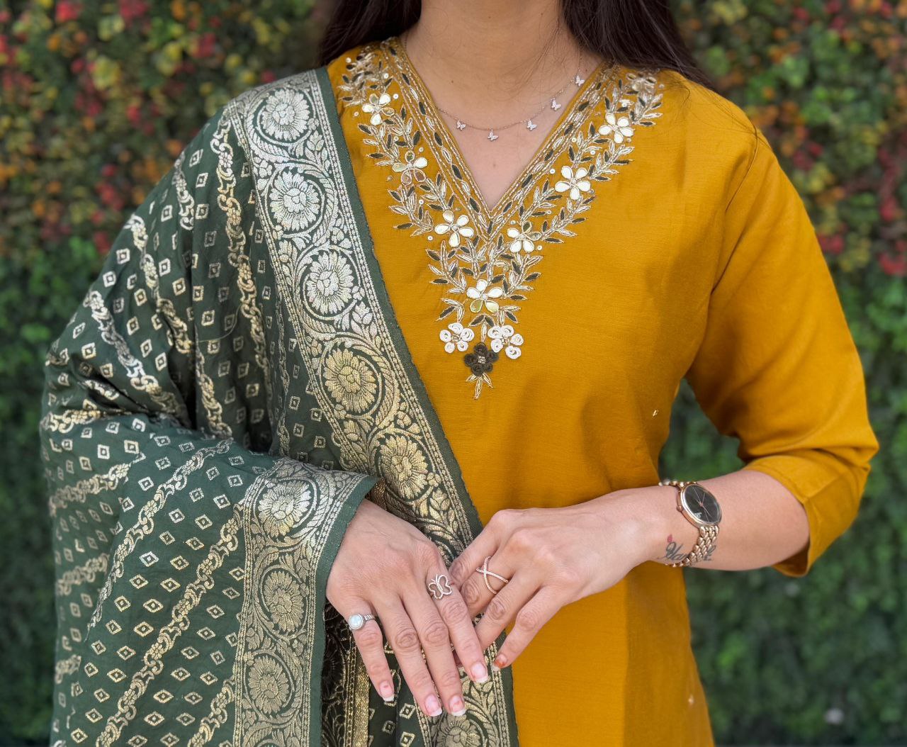 Lorenvalley Fashion Mustard Roman Silk Hand Work Kurta Pant with Dupatta - Distacart