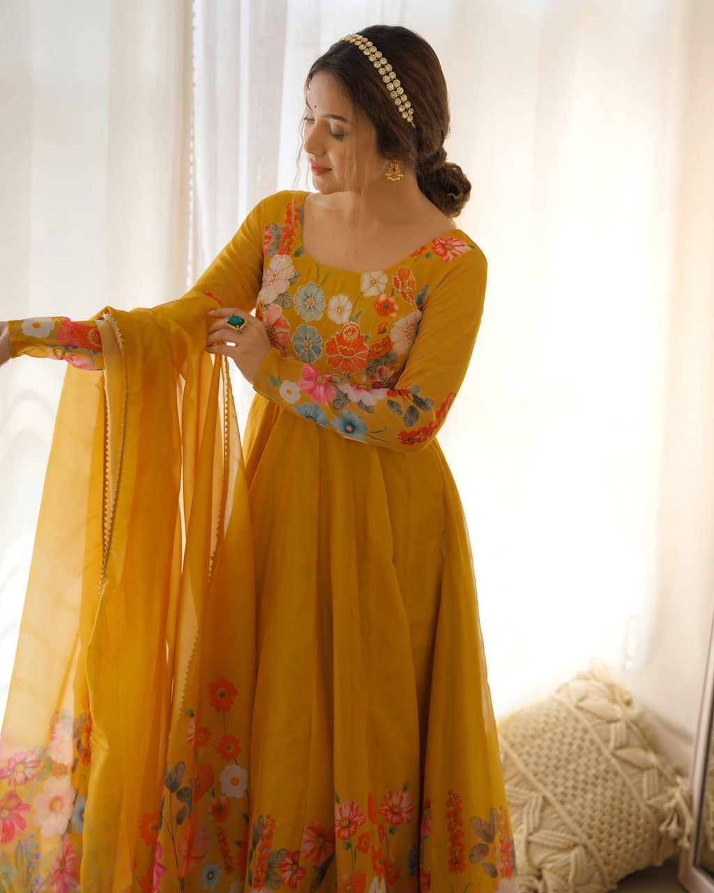 Lorenvalley Parrot Soft Organza Silk With Floral Print Fully Flared Anarkali Pant With Dupatta Set - Mustard