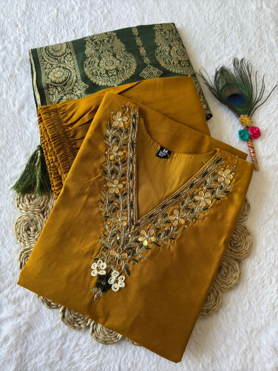 Lorenvalley Fashion Mustard Roman Silk Hand Work Kurta Pant with Dupatta - Distacart