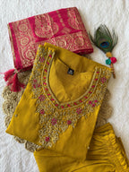 Lorenvalley Fashion Mustard Roman Silk Hand Work Kurta Pant with Dupatta - Distacart