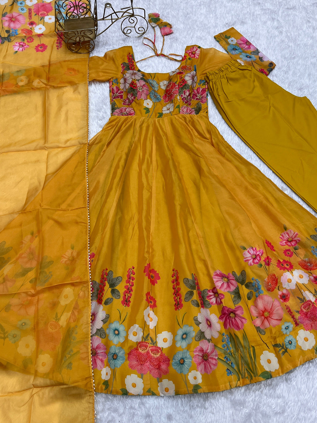 Lorenvalley Parrot Soft Organza Silk With Floral Print Fully Flared Anarkali Pant With Dupatta Set - Mustard