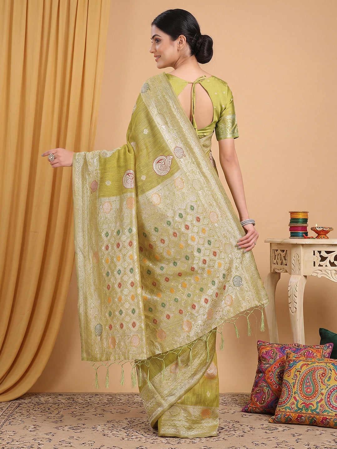 Anaita Mustard Linen Woven Work Saree With Blouse - Distacart