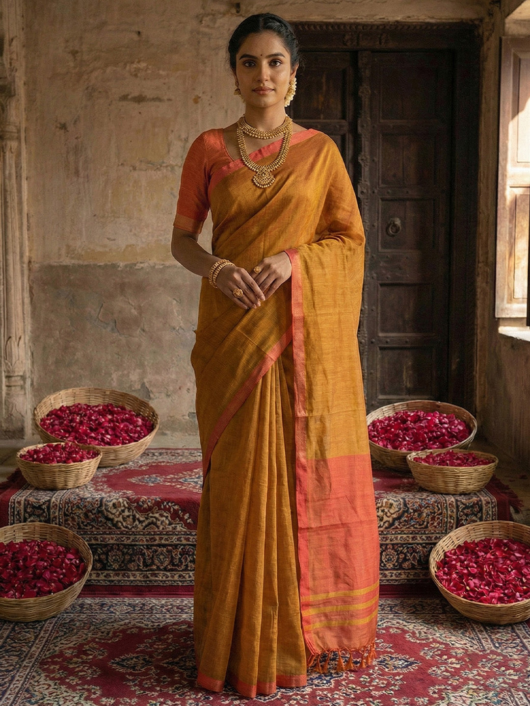 Anaita Mustard Cotton Printed Saree With Blouse - Distacart