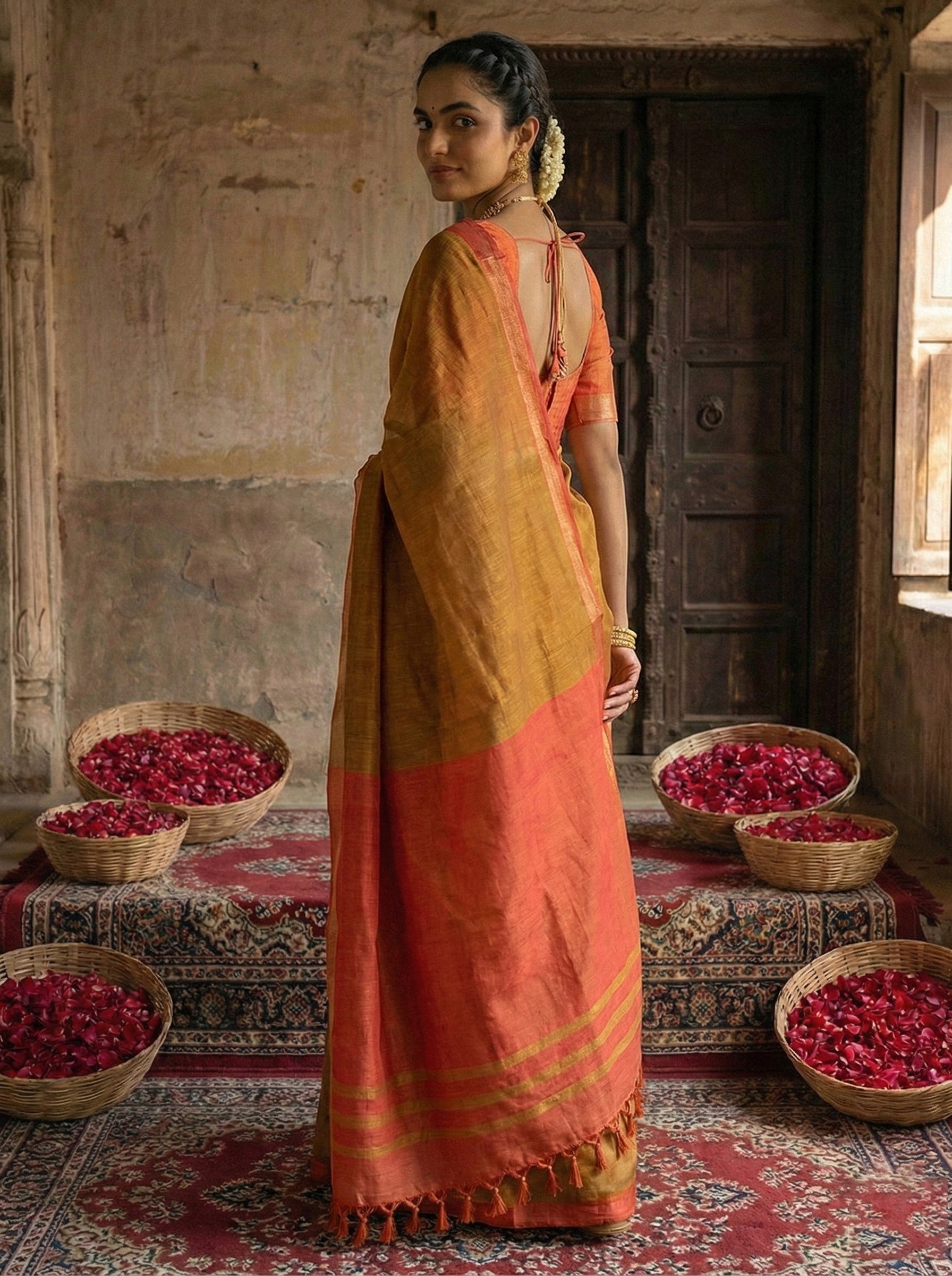 Anaita Mustard Cotton Printed Saree With Blouse - Distacart