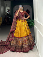 Lorenvalley Mustard Tussar Silk Bandhej And Ajarakh Print Lehenga Choli with Dupatta