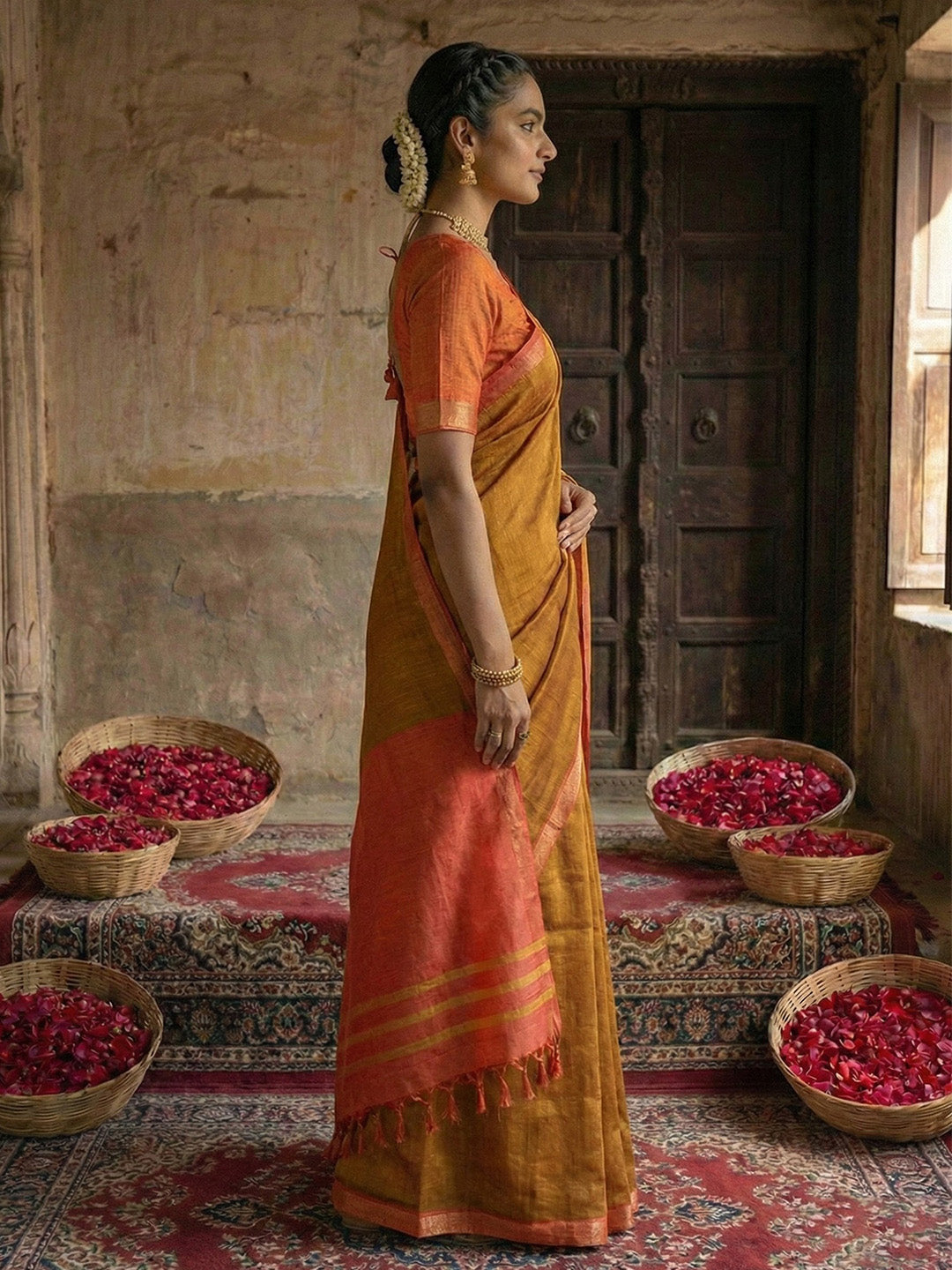Anaita Mustard Cotton Printed Saree With Blouse - Distacart