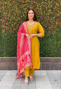 Lorenvalley Fashion Mustard Roman Silk Hand Work Kurta Pant with Dupatta - Distacart