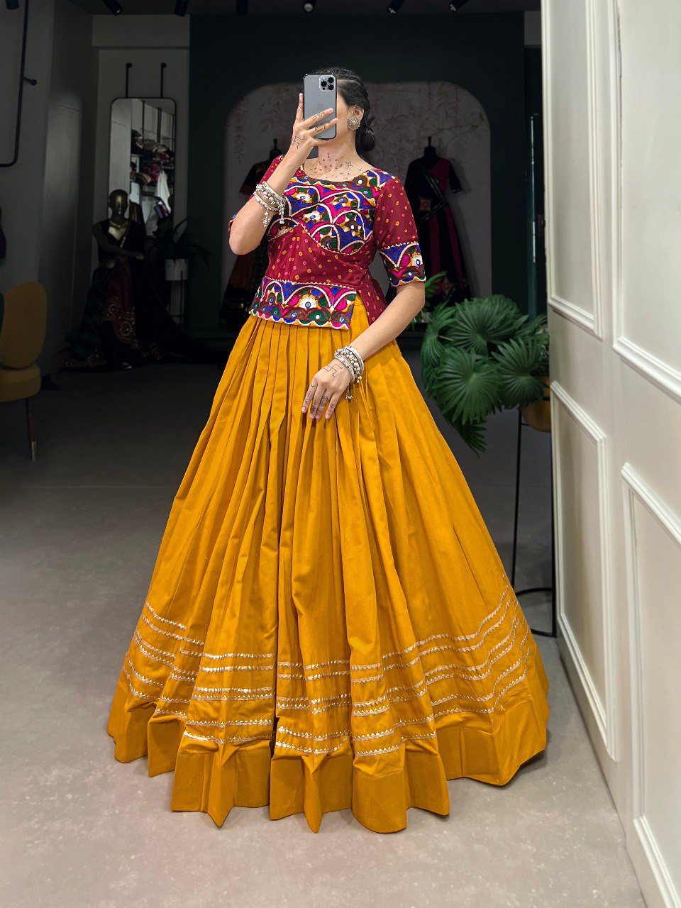 Lorenvalley Mustard Pure Cotton Plain With Gota Patti Touch Up Lehenga Choli