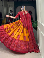 Lorenvalley Mustrad Tussar Silk with Bandhej Print Lehenga Choli