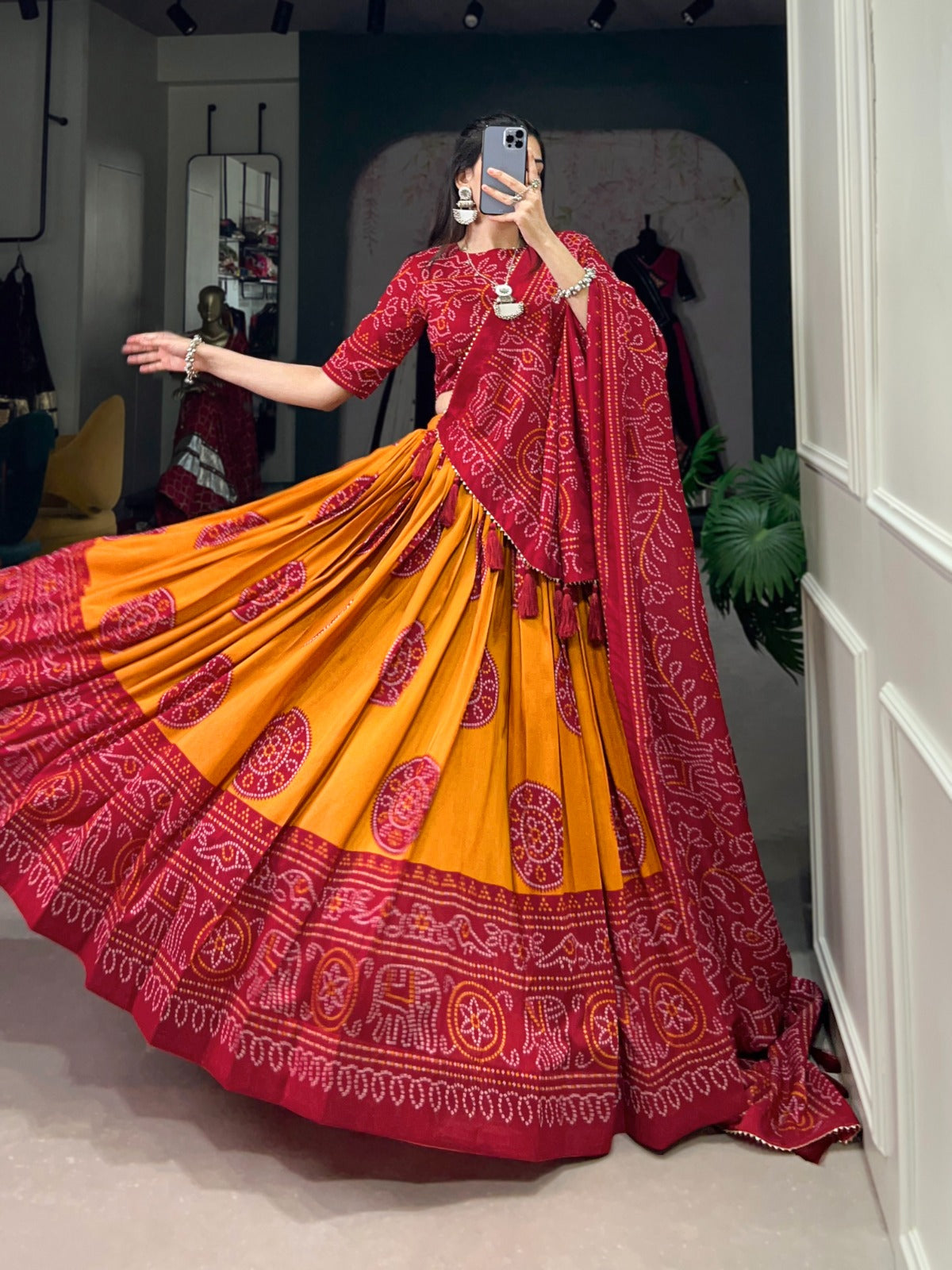 Lorenvalley Mustrad Tussar Silk with Bandhej Print Lehenga Choli