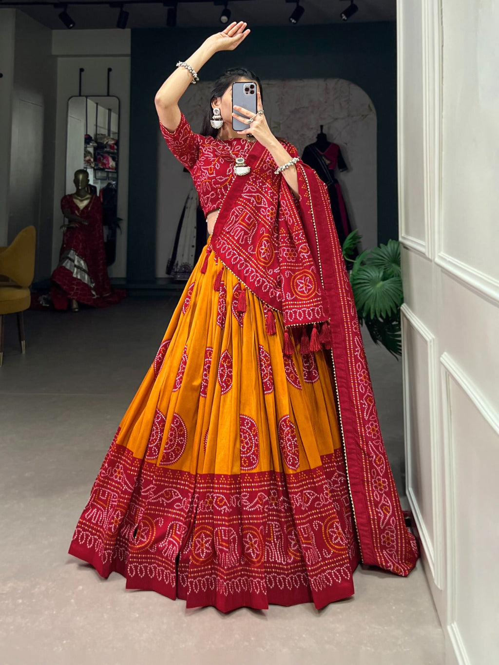 Lorenvalley Mustrad Tussar Silk with Bandhej Print Lehenga Choli