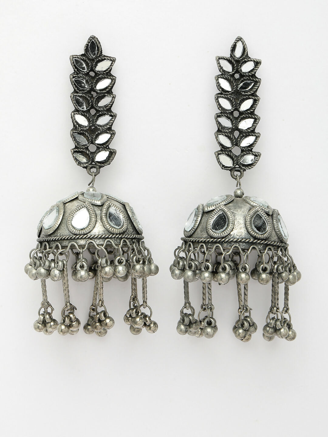 NVR Women's Silver Plated Mirror Work Oxidised Contemporary Jhumka Earrings - Distacart