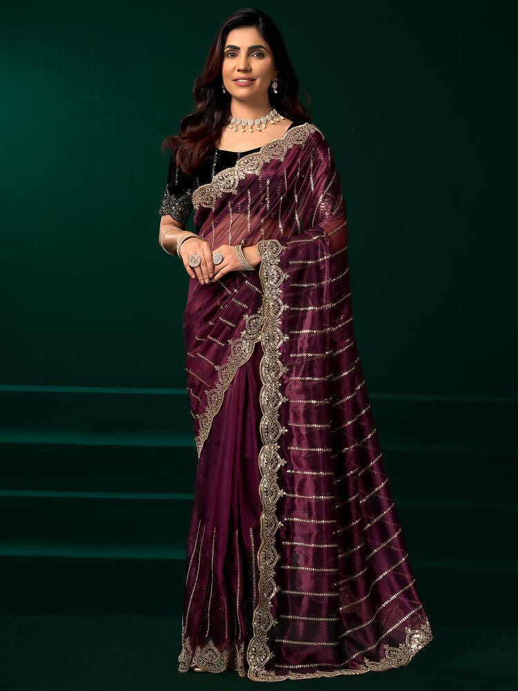 Joban Fashion Purple Net Party Wear Sarees - Distacart
