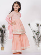 Little Bansi Girls Cotton Gotta Patti Kurta frock with Sharara & Dupatta - Peach