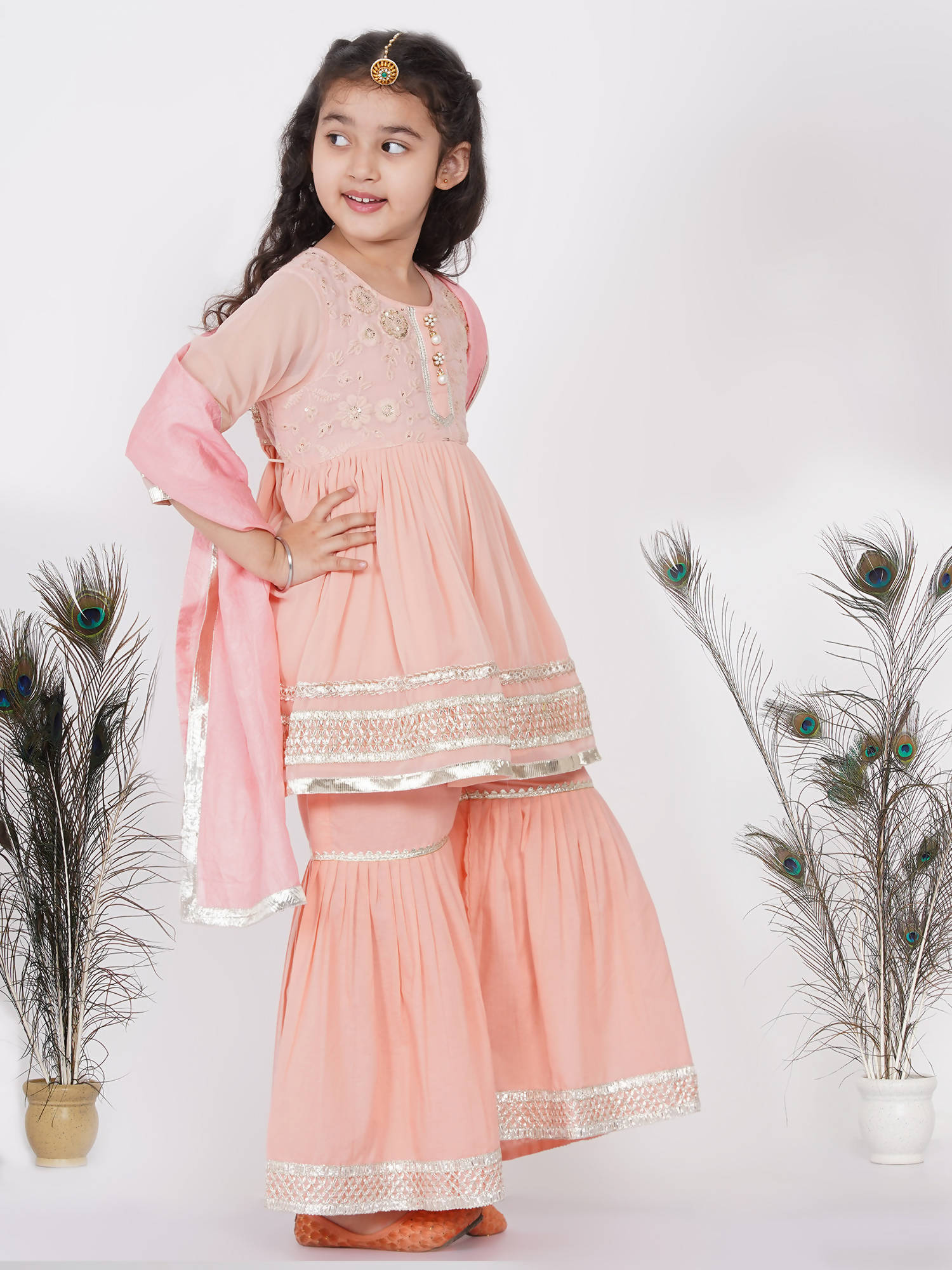 Little Bansi Girls Cotton Gotta Patti Kurta frock with Sharara & Dupatta - Peach