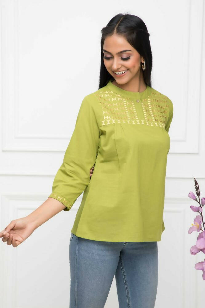 Myshka Women Green Solid Mandarin Collar Regular Sleeves Pure Cotton Top - Distacart