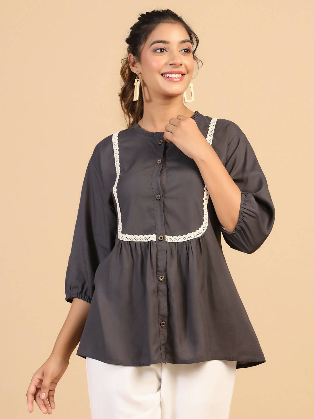 Womens Grey Rayon Solid Top - Keeva