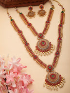 NVR Women's Set Of 2 Green & Red Stone Studded & Beaded Gold-Polished Temple Jewellery Set