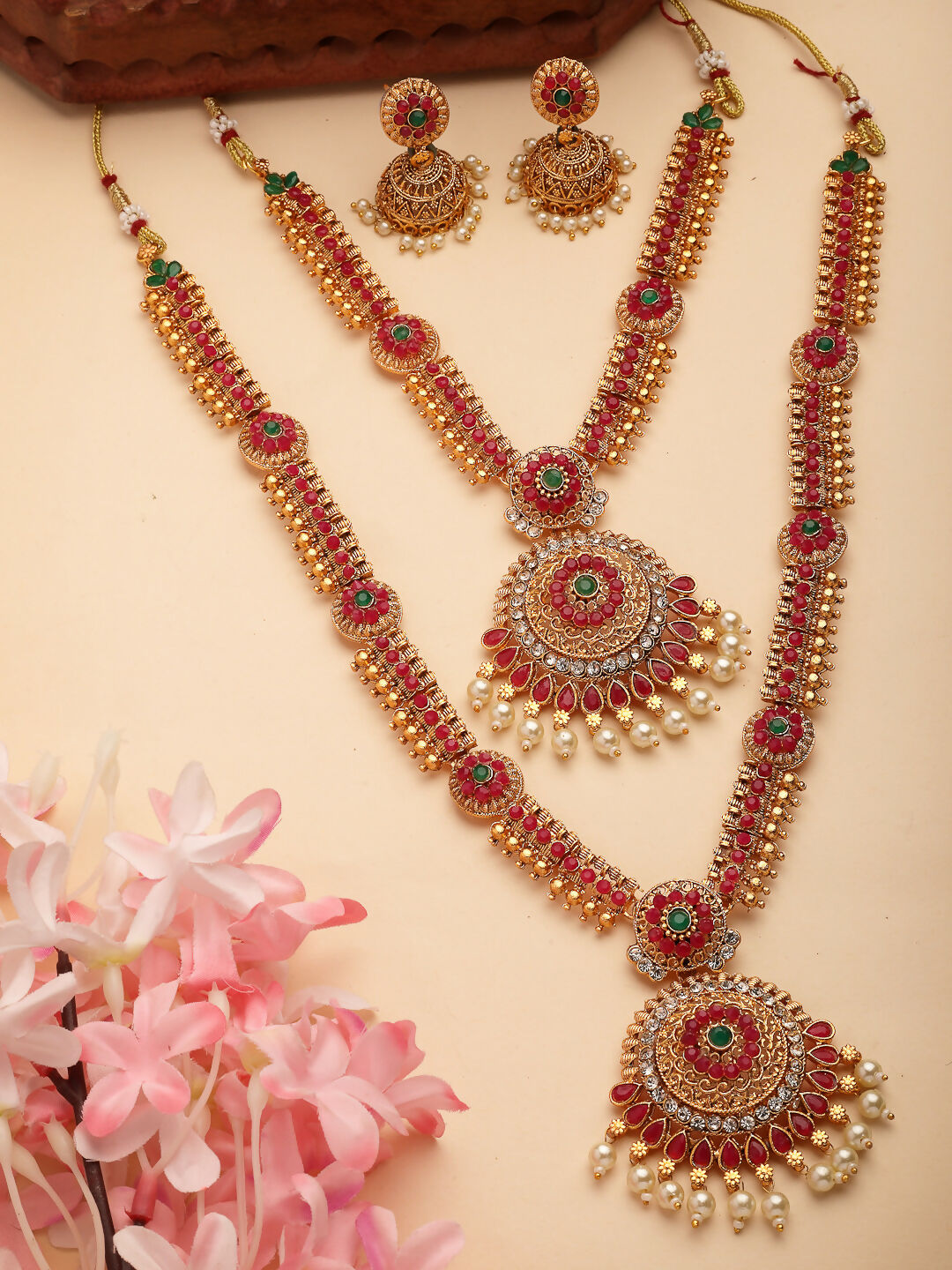 NVR Women's Set Of 2 Green & Red Stone Studded & Beaded Gold-Polished Temple Jewellery Set
