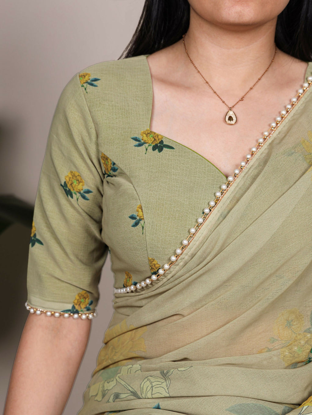 Vastranavya Mehendi Weightless Marble and Floral Printed Georgette Saree with Unstitched Blouse - Distacart