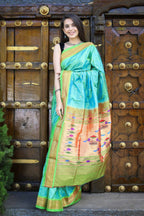 Very Much Indian Pure Silk Handloom Paithani -Dual Tone Blue Green - Distacart
