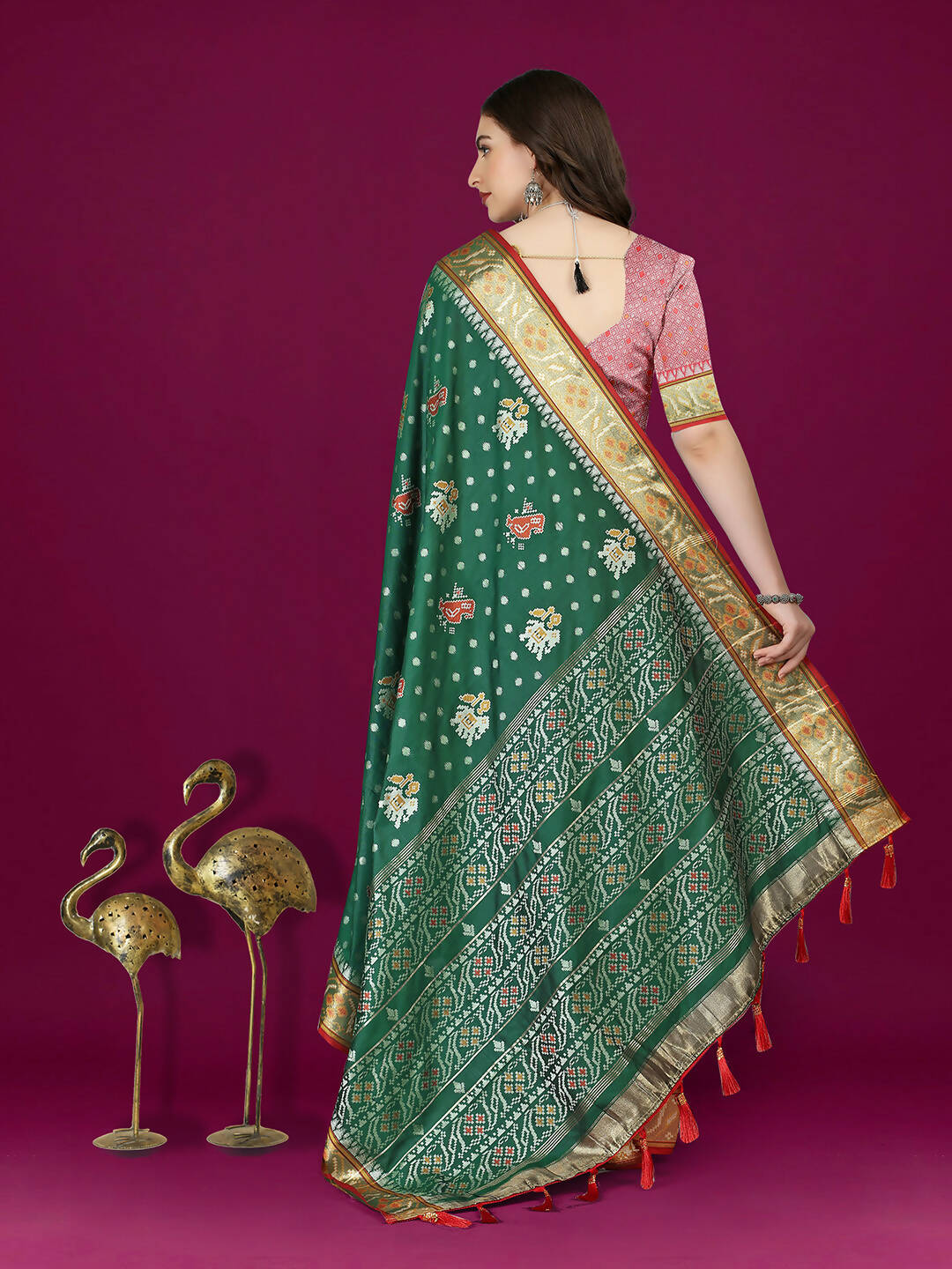 Lorenvalley Fashion Green Patola Silk Woven Design Zari Meenakari Weaving Saree