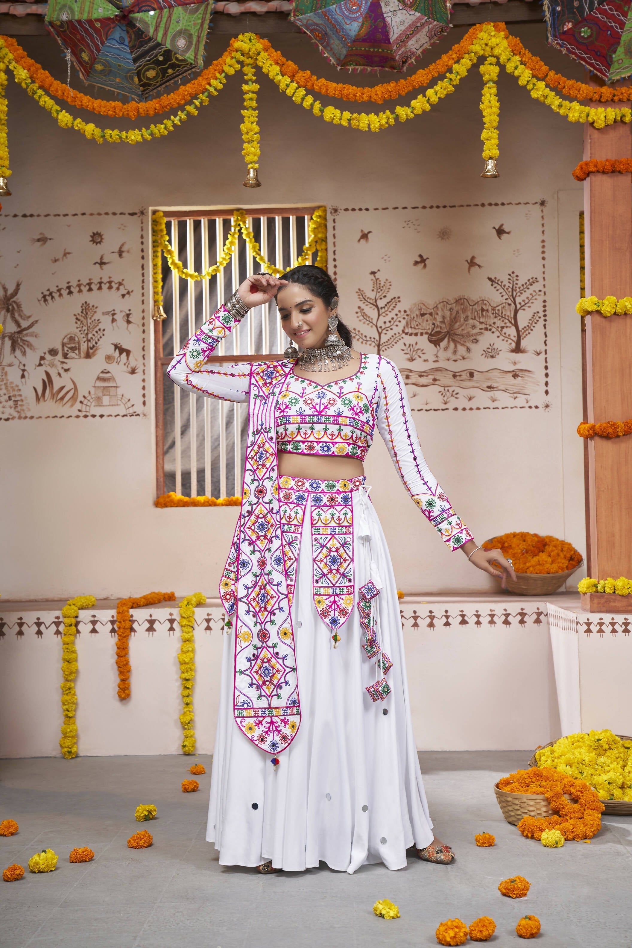 White Viscose Rayon Thread Embroidered with all over mirror work Navratri Lehenga Choli with Dupatta - Raas
