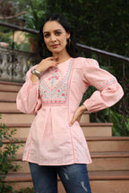 Juniper Women's Peach Cotton Dobby Solid Embroidered Straight Tunic - Distacart