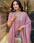 The52 Women's Beautiful Chinon Fabric Embroidery Work Flared Kurta Pant and Dupatta Set - Distacart