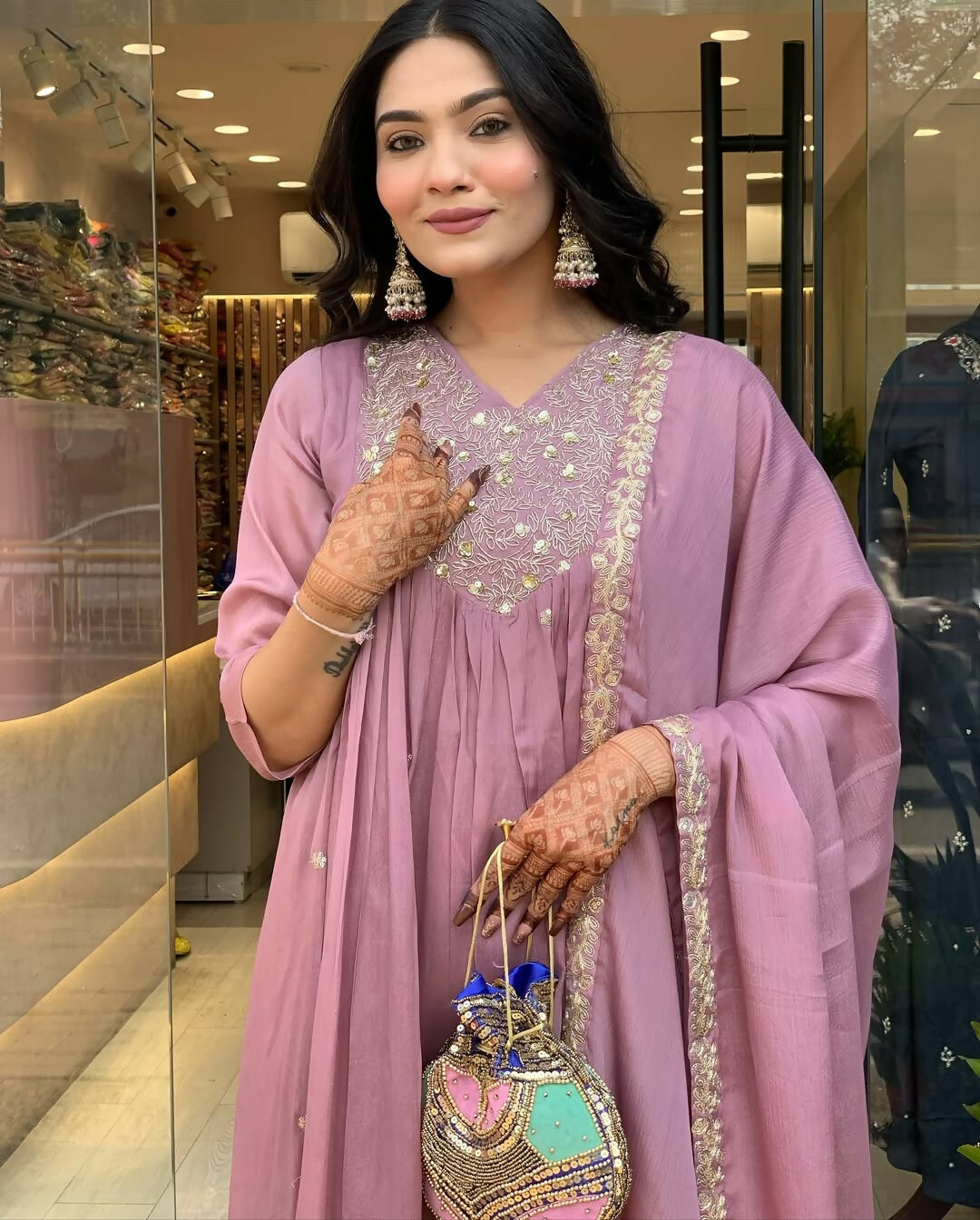 The52 Women's Beautiful Chinon Fabric Embroidery Work Flared Kurta Pant and Dupatta Set - Distacart