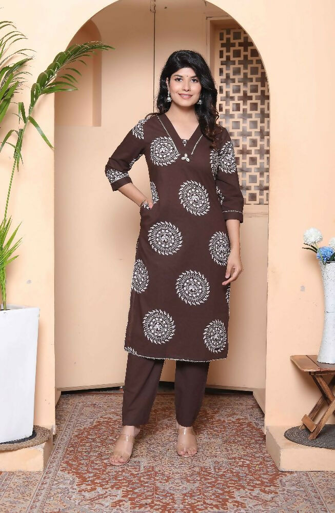 Miravan Womens Brown Animal Printed Kurta With Palazzo