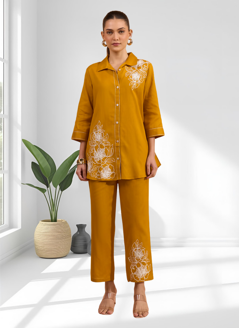 Joban Fashion Mustard Cotton, Linen Embroidered Readymade Cord Set - Distacart